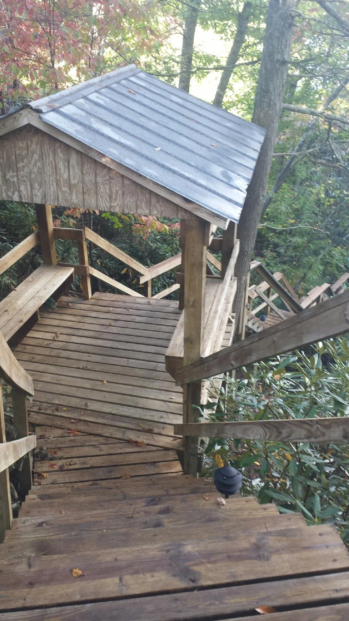 Metal roofed shelter over wooden steps on a wooded walkway — Skylight Repair & Installation work by our crew in Honeoye Falls